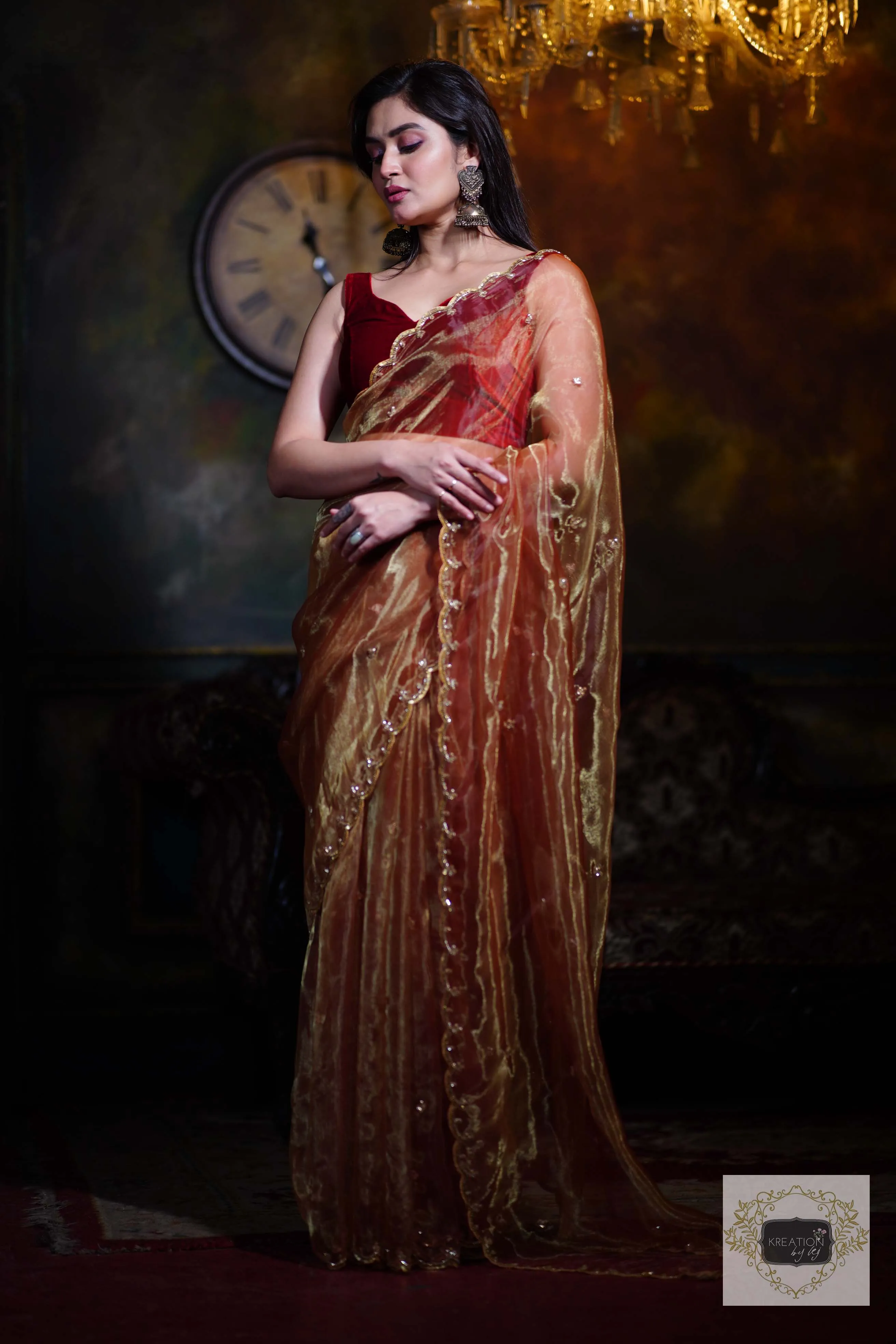 Golden Auburn Glass Tissue Piyali Saree