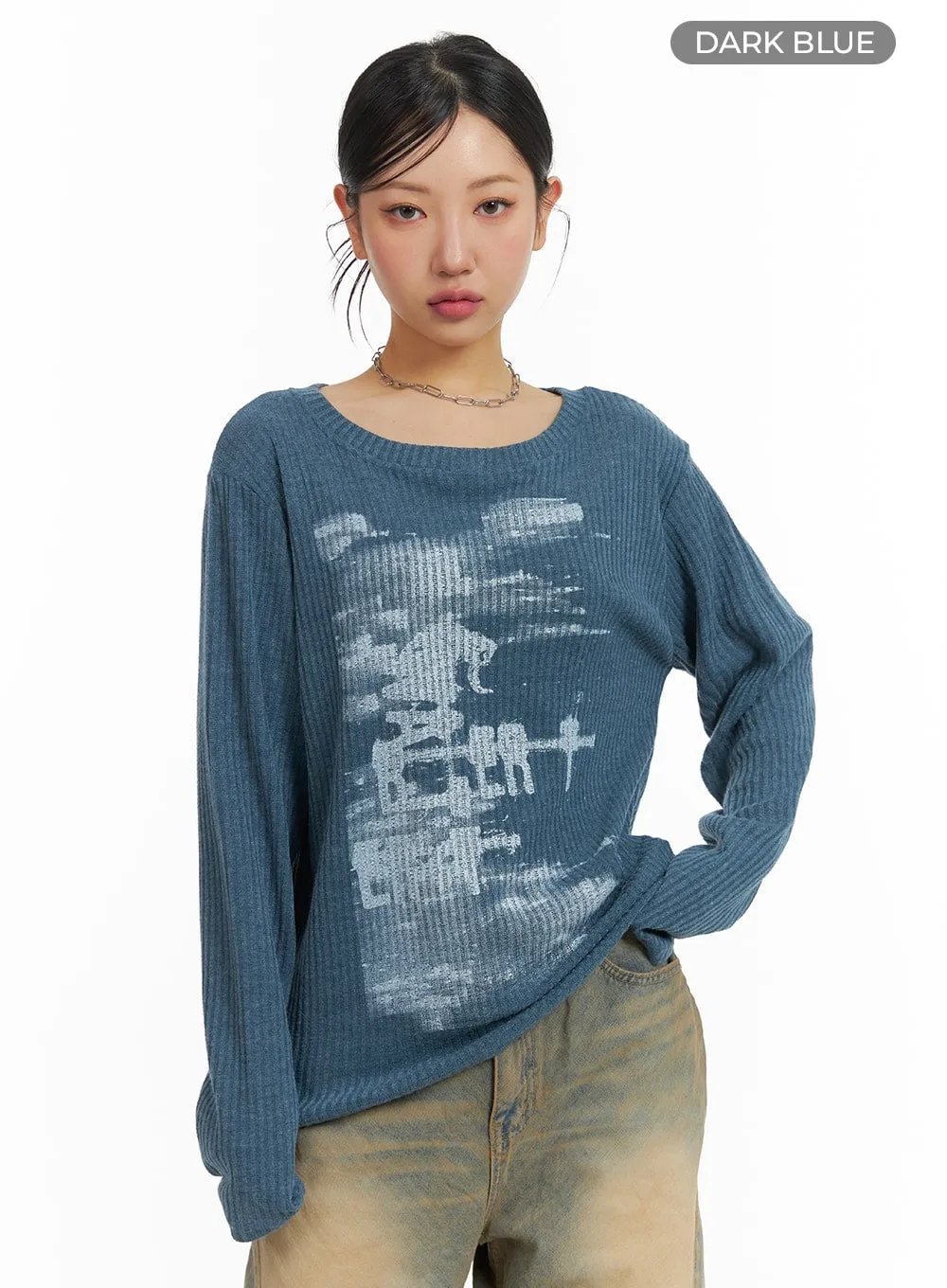 Graphic Boat Neck Sweater Top CM422