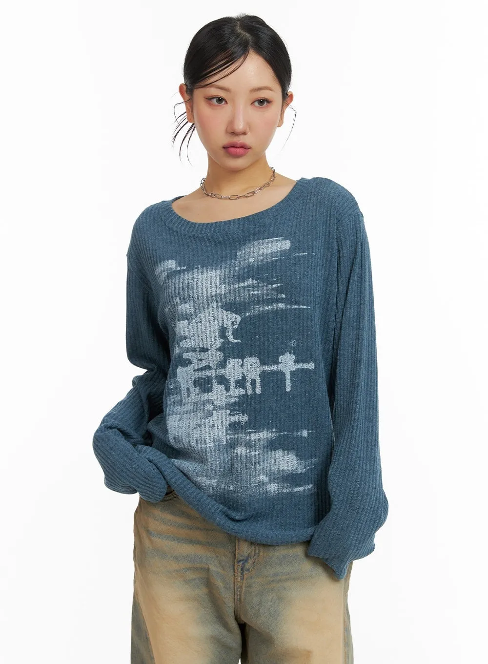 Graphic Boat Neck Sweater Top CM422