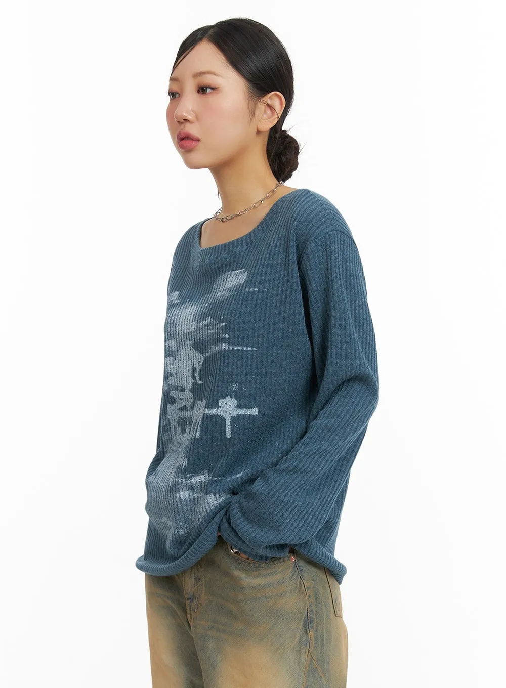 Graphic Boat Neck Sweater Top CM422