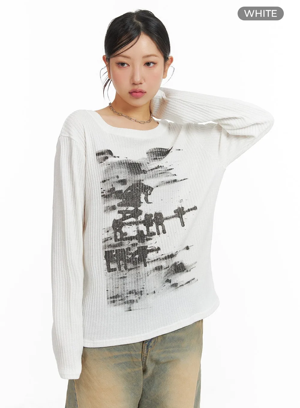 Graphic Boat Neck Sweater Top CM422