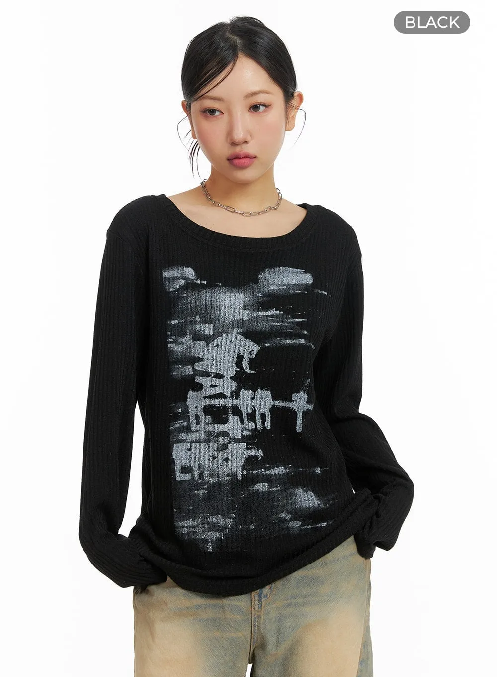 Graphic Boat Neck Sweater Top CM422