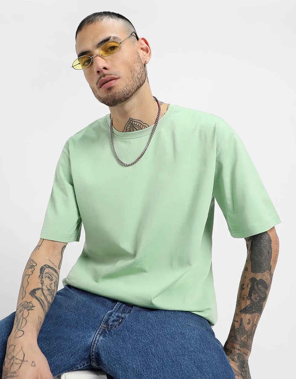 Green Solid Oversized Tshirt