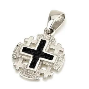 Jerusalem Cross Pendant 925 Sterling Silver With Black Gemstones Colors