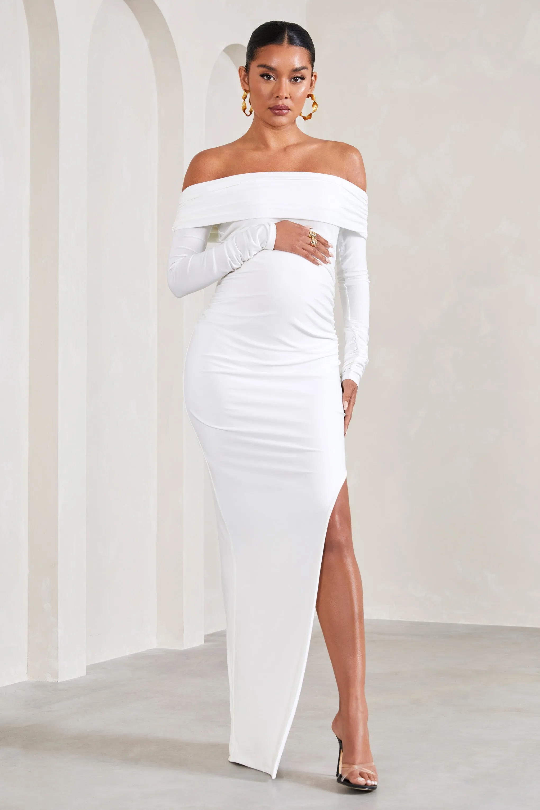 Kaylee | White Ruched Strapless Long-Sleeved Split Maternity Maxi Dress