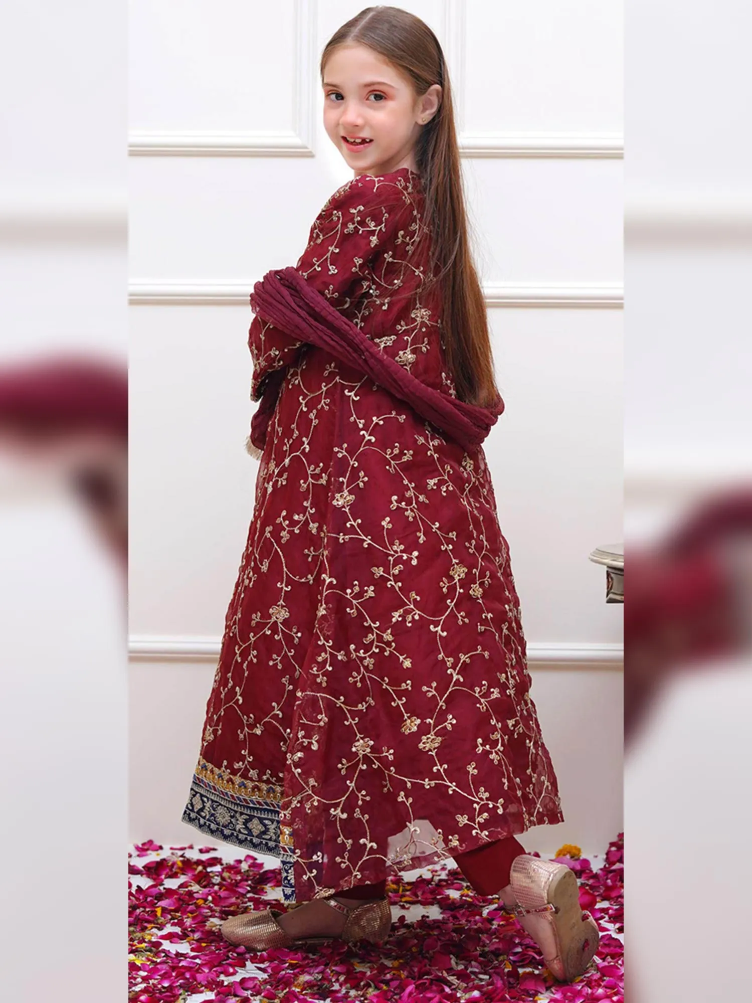 Kids Maroon Embroidered Organza Maxi Frock Suit