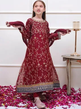 Kids Maroon Embroidered Organza Maxi Frock Suit