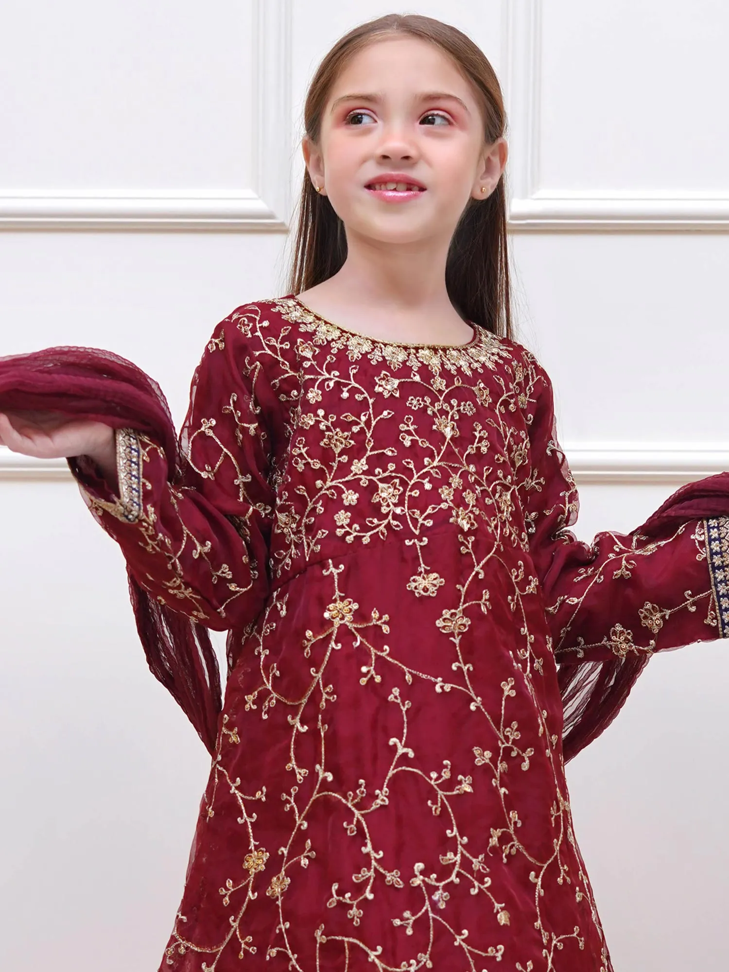 Kids Maroon Embroidered Organza Maxi Frock Suit