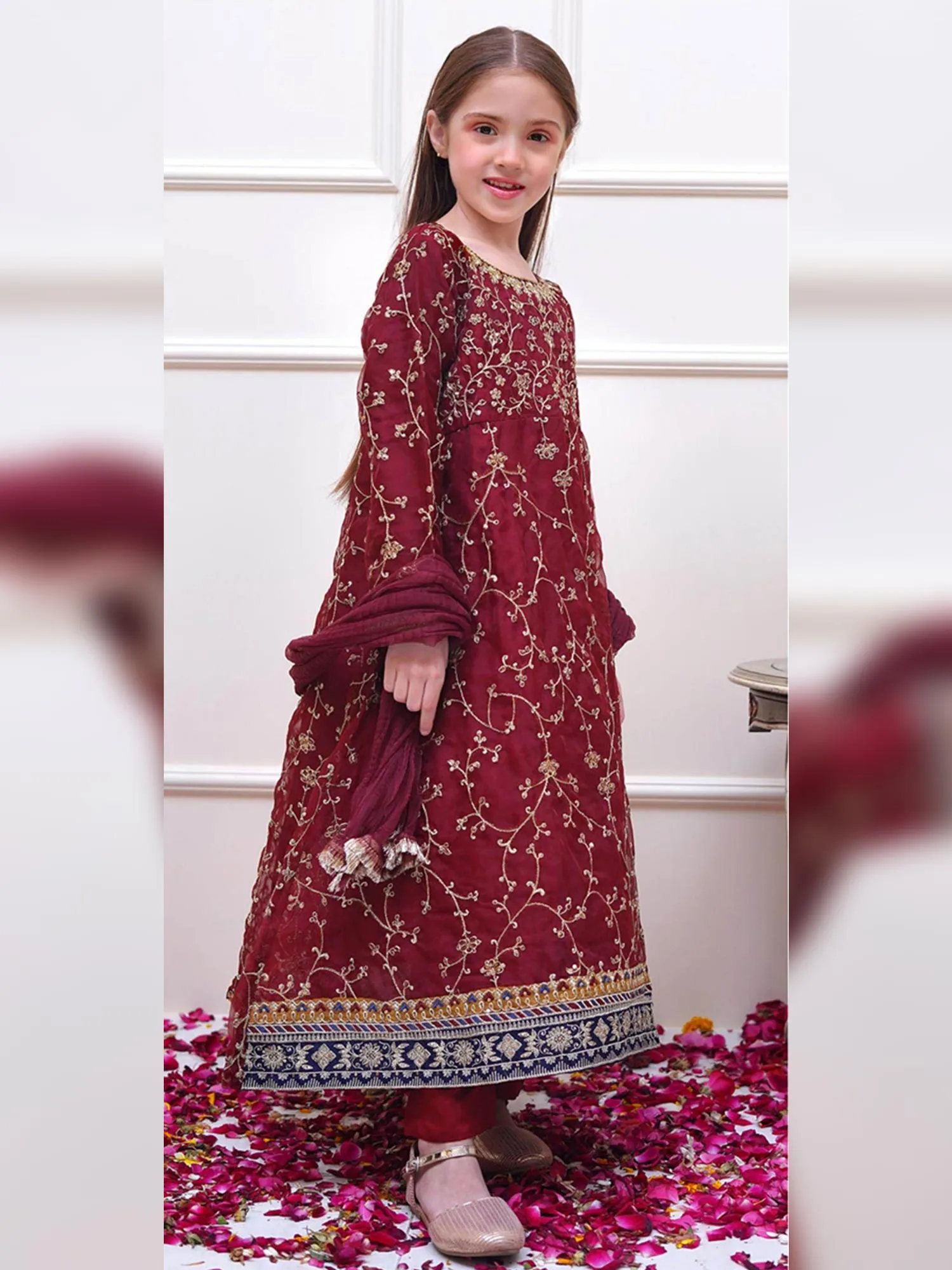 Kids Maroon Embroidered Organza Maxi Frock Suit