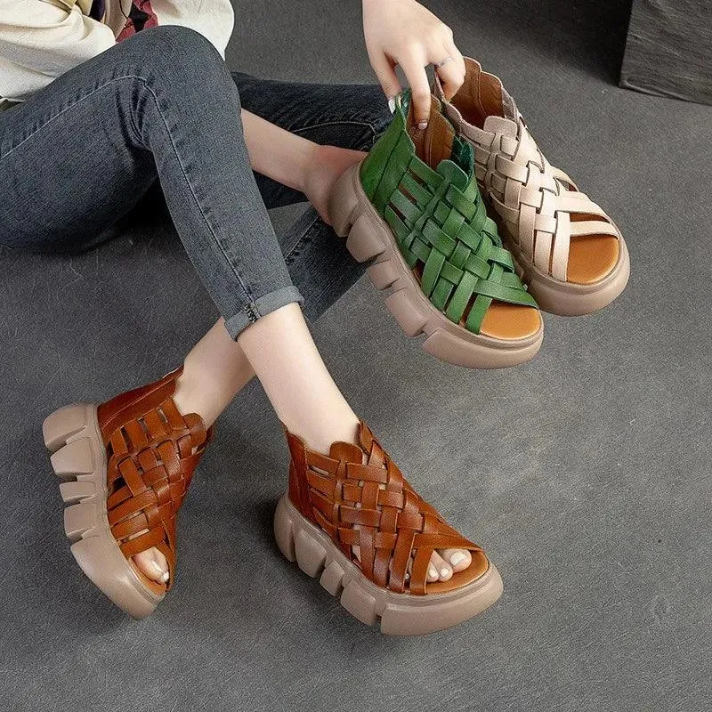 Leather Women's Casual Shoes GC223: Thick-Soled Hollow-out Sandals