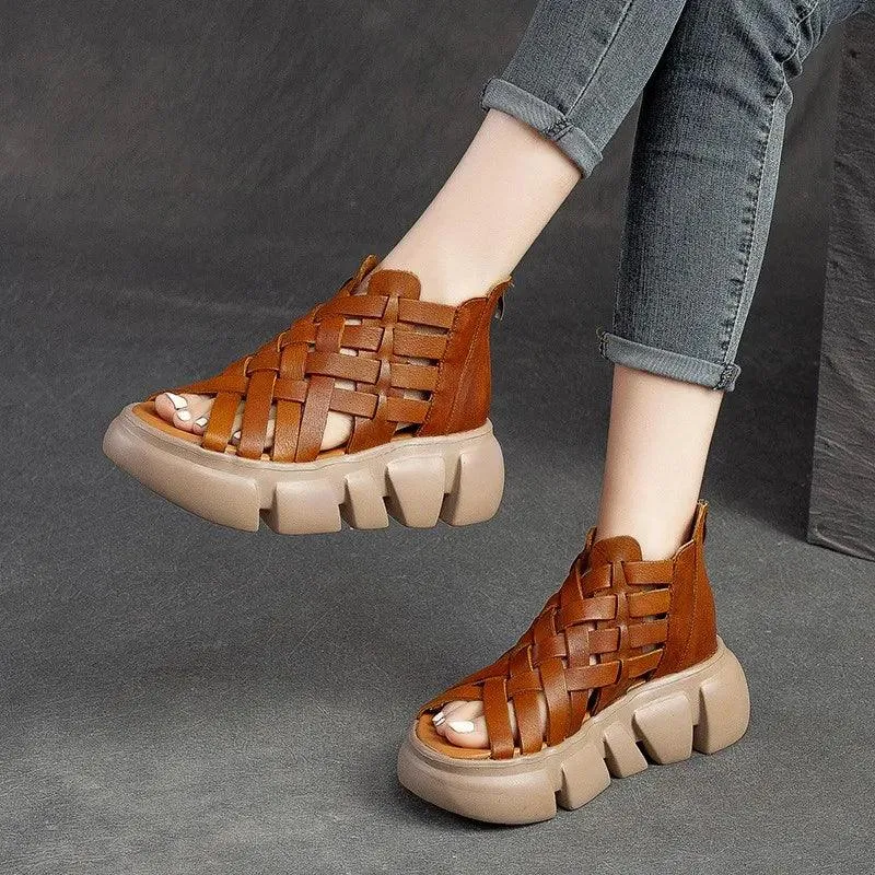 Leather Women's Casual Shoes GC223: Thick-Soled Hollow-out Sandals