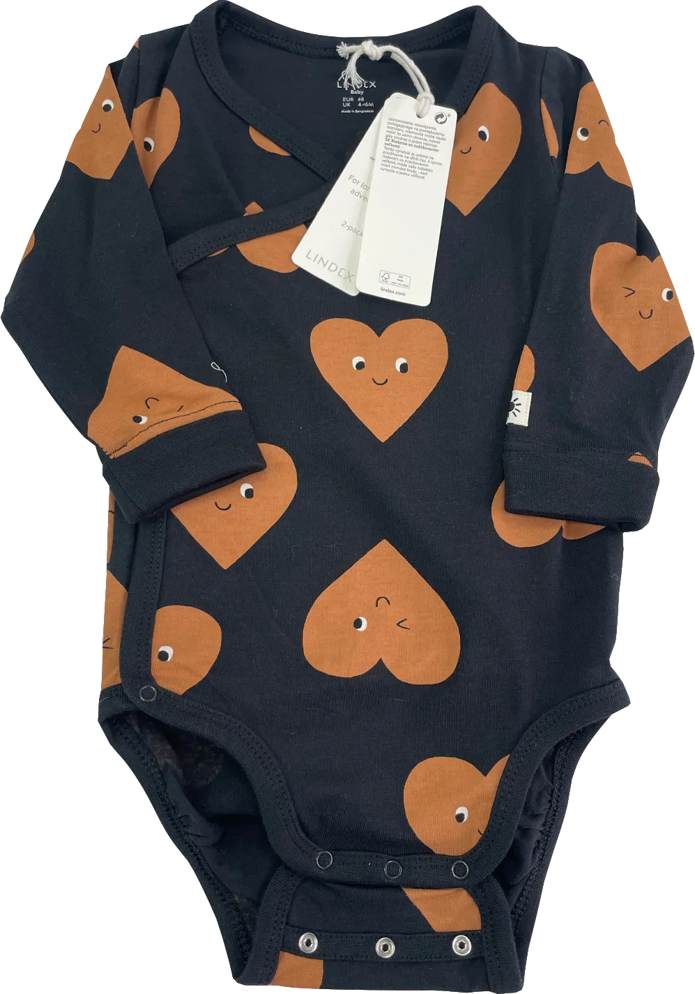 LINDEX Black / Brown Wrap Bodysuit With Heart Pattern 3-6 Months