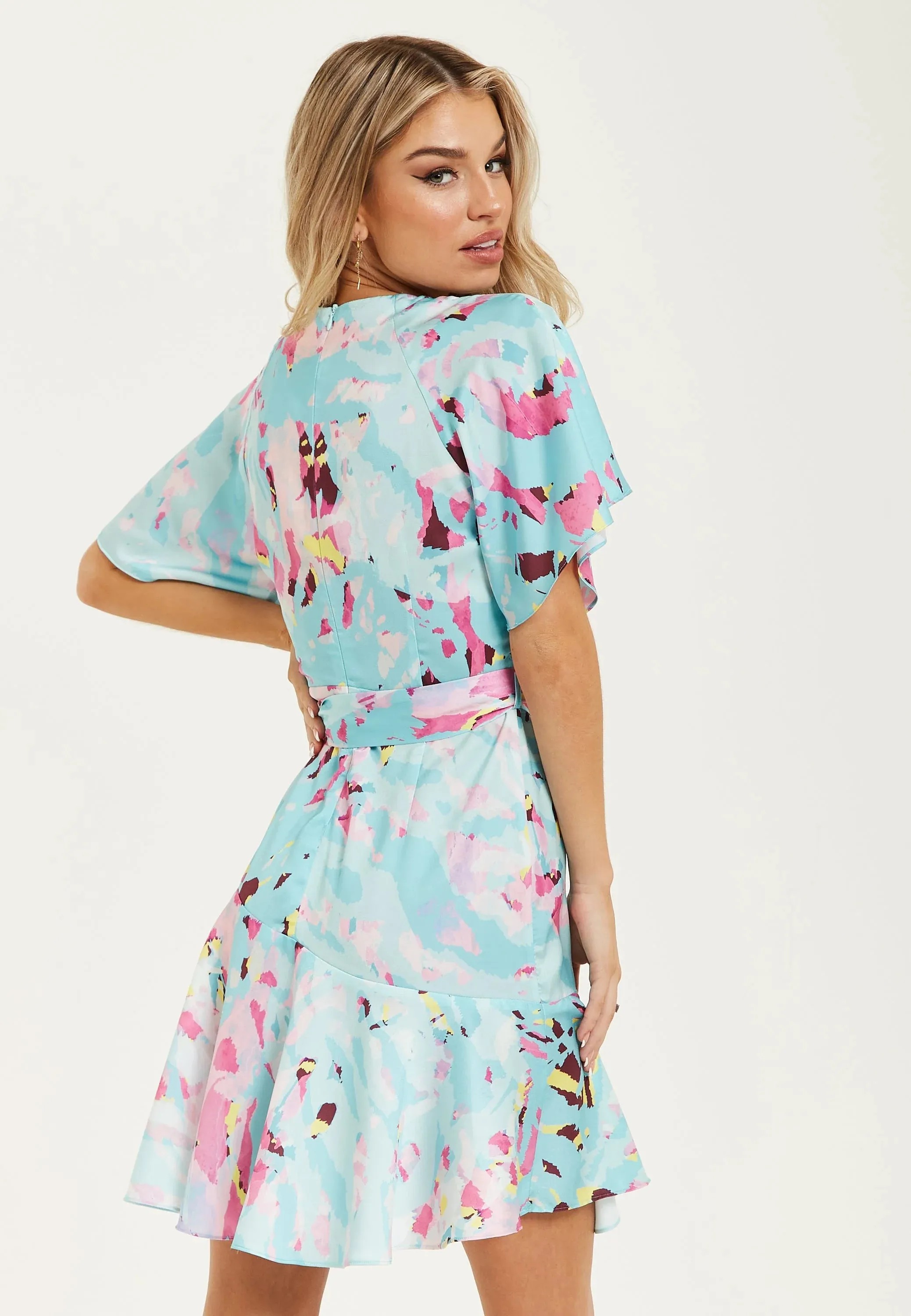 Liquorish Blue Abstract Print Mini Wrap Dress