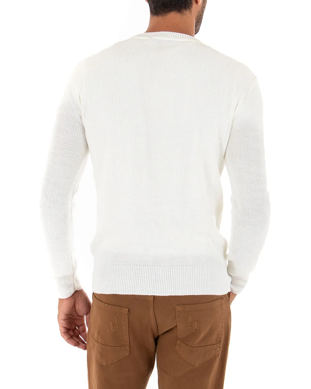 Maglioncino Uomo Casual Maglia Girocollo Tinta Unita Basic Bianco GIOSAL-M2518A