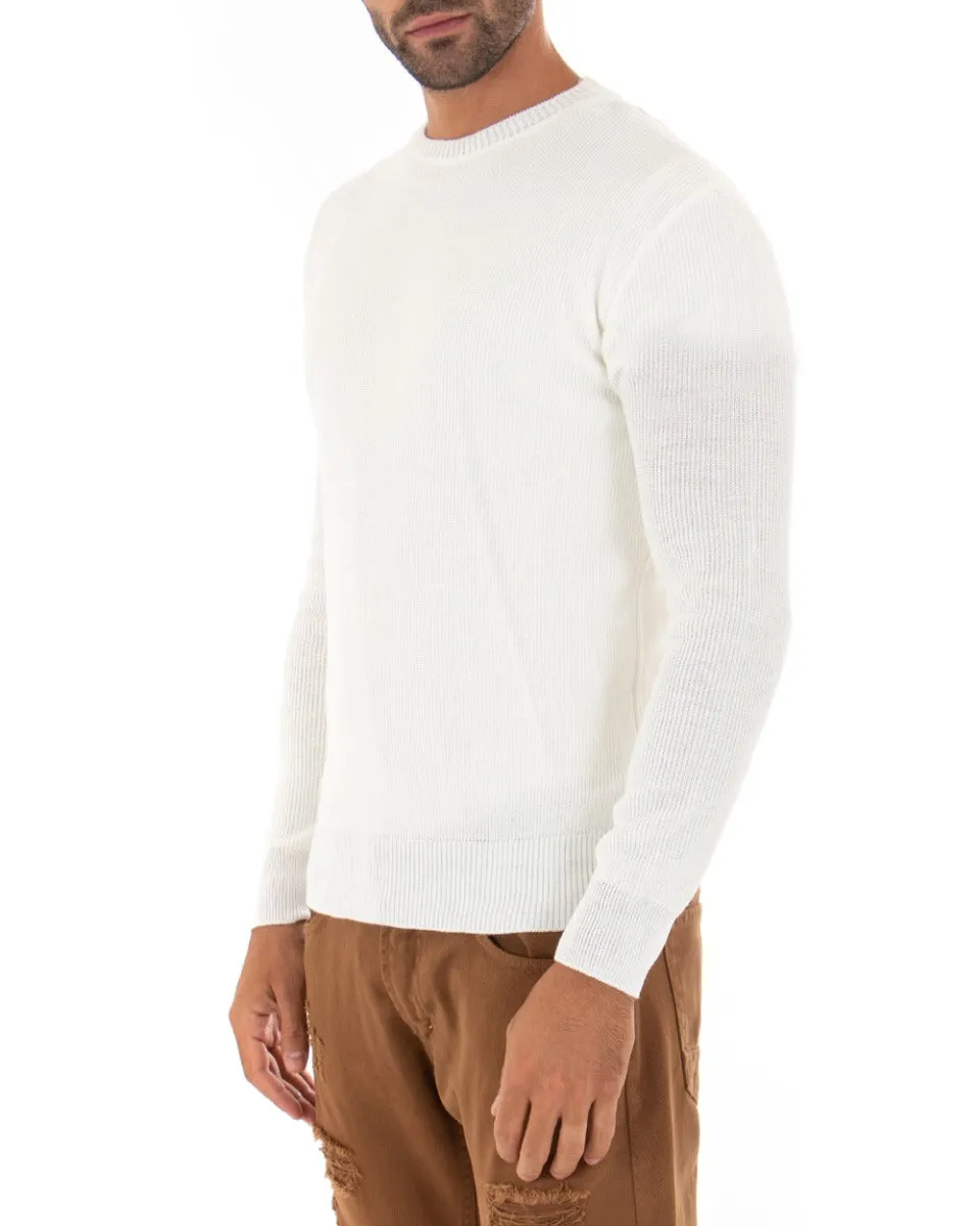 Maglioncino Uomo Casual Maglia Girocollo Tinta Unita Basic Bianco GIOSAL-M2518A