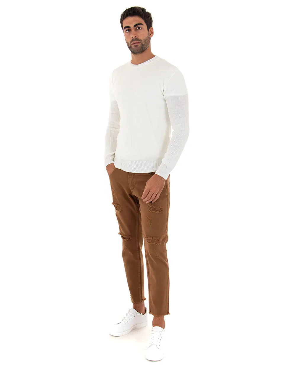 Maglioncino Uomo Casual Maglia Girocollo Tinta Unita Basic Bianco GIOSAL-M2518A