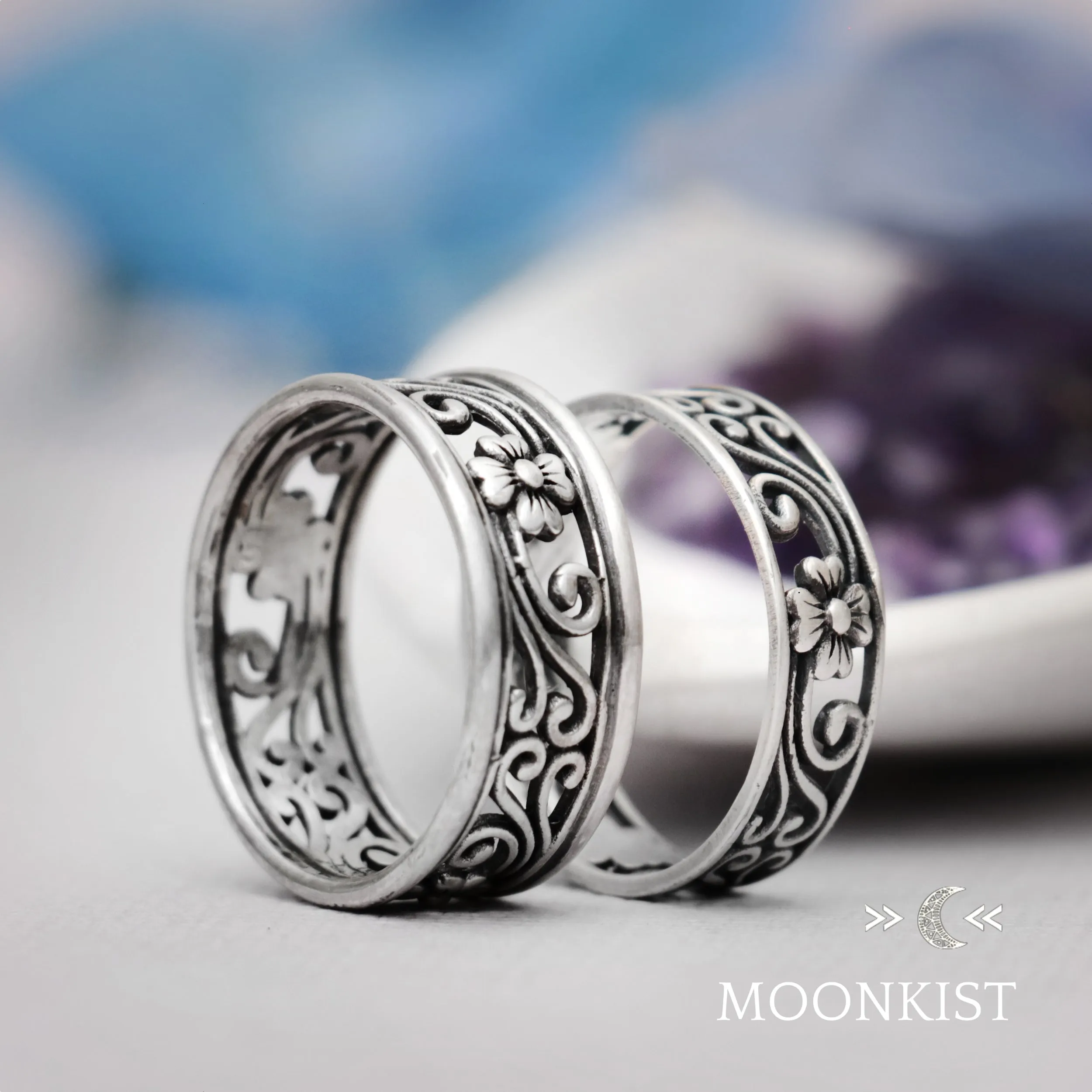 Magnolia Flower Couples Wedding Ring Set | Moonkist Designs