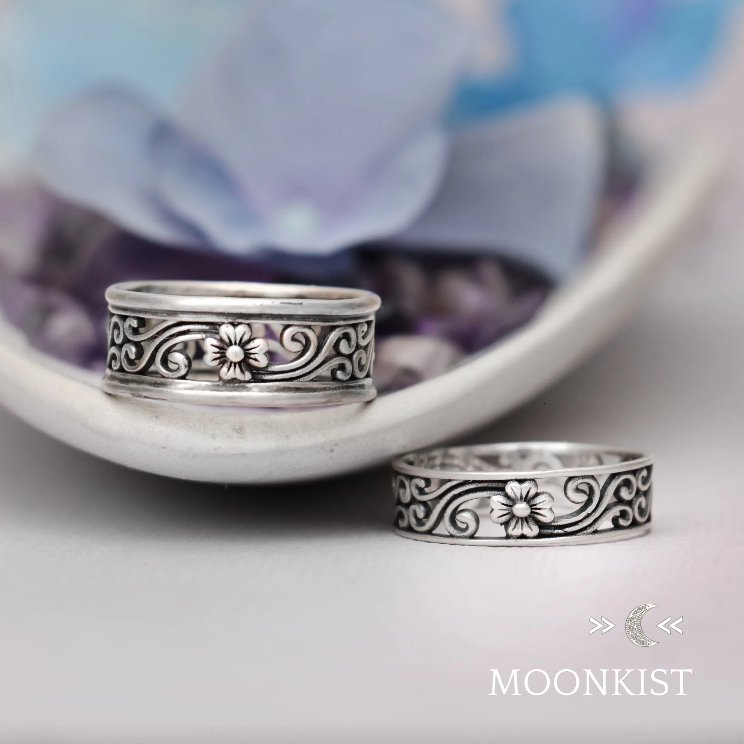 Magnolia Flower Couples Wedding Ring Set | Moonkist Designs