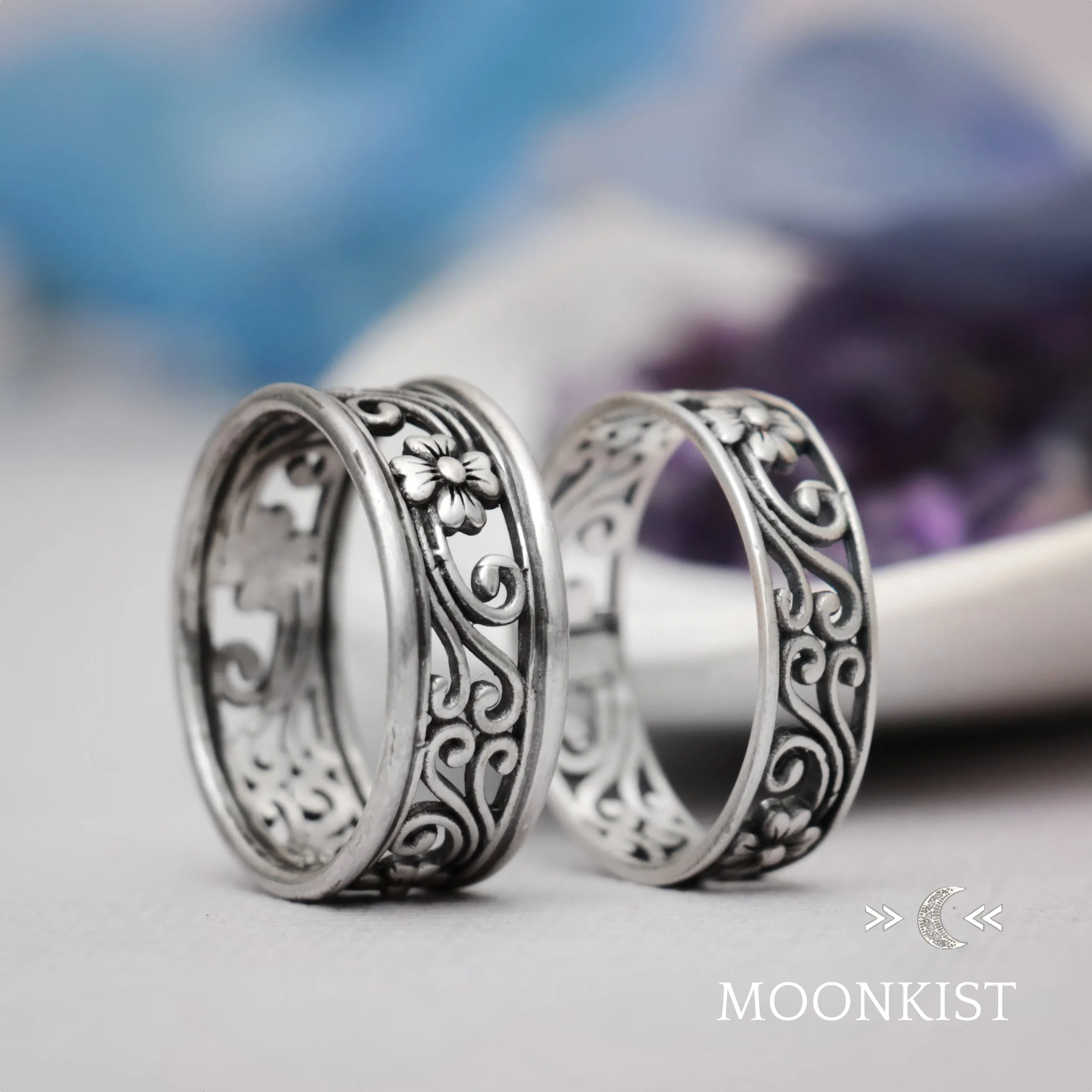 Magnolia Flower Couples Wedding Ring Set | Moonkist Designs