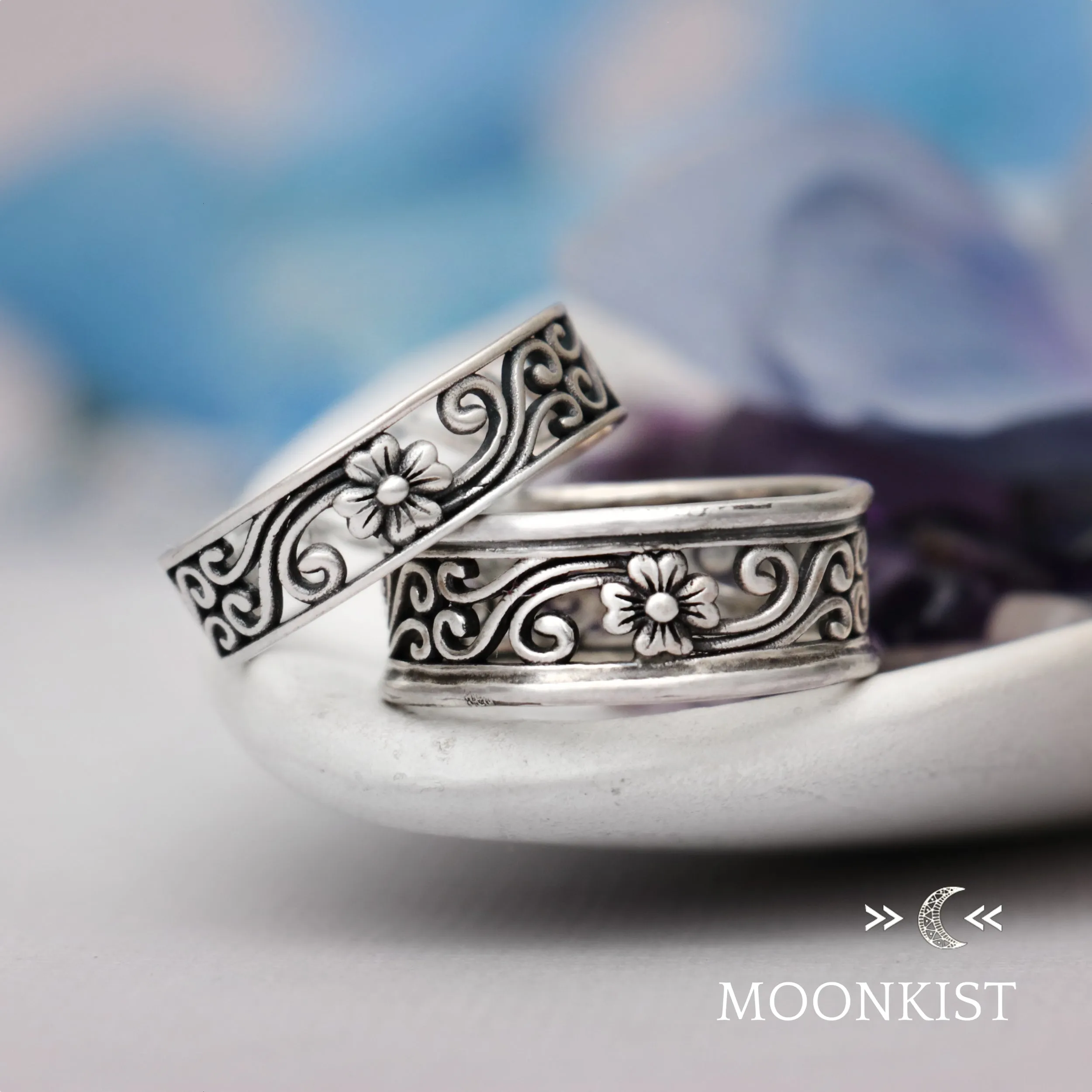 Magnolia Flower Couples Wedding Ring Set | Moonkist Designs