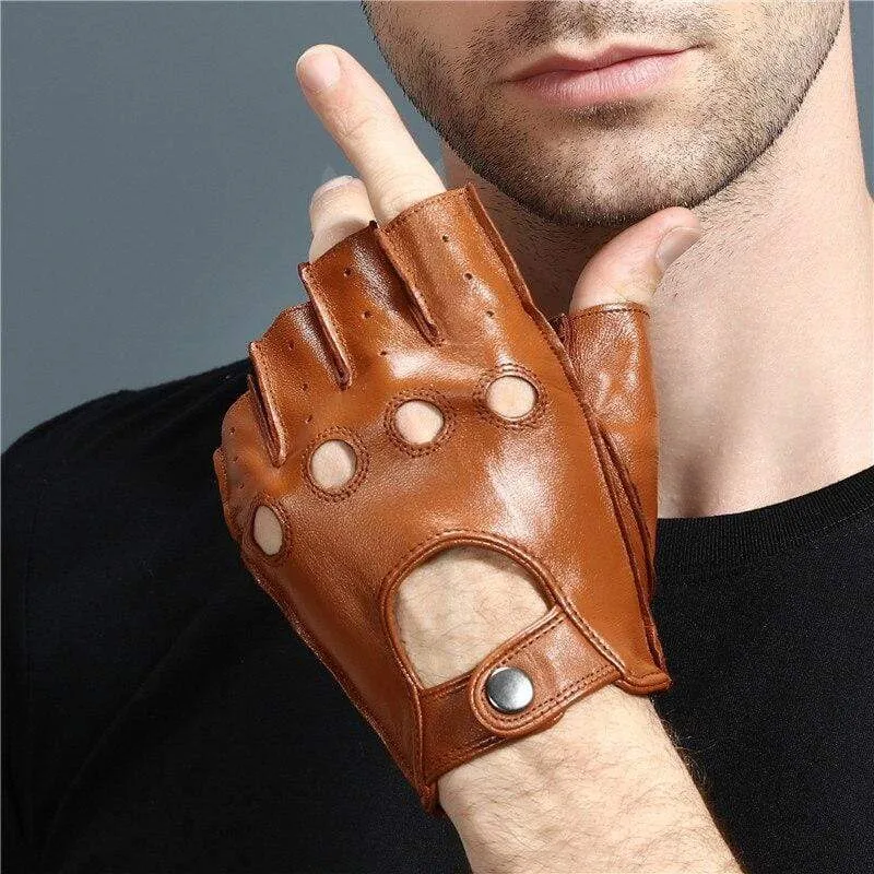 Man's Half Finger Gloves Breathable Non-Slip Fitness Leather Fingerless Gloves Black Camel Driving Gloves Male NAN7