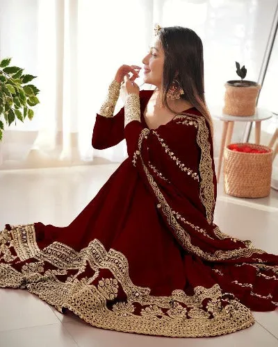 Maroon Heavy Georgette Embroidered Anarkali Set UK Next Day