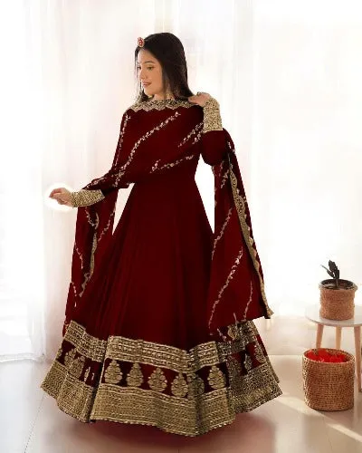 Maroon Heavy Georgette Embroidered Anarkali Set UK Next Day