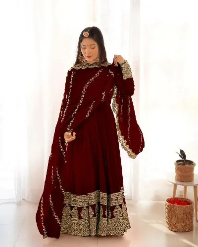 Maroon Heavy Georgette Embroidered Anarkali Set UK Next Day