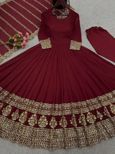 Maroon Heavy Georgette Embroidered Anarkali Set UK Next Day