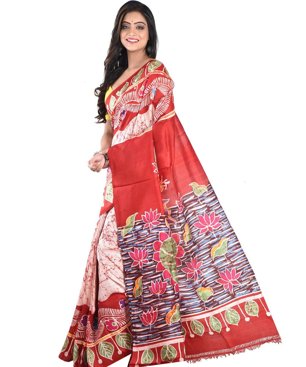 Maroon multicolor silk handloom batik print saree