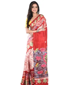 Maroon multicolor silk handloom batik print saree