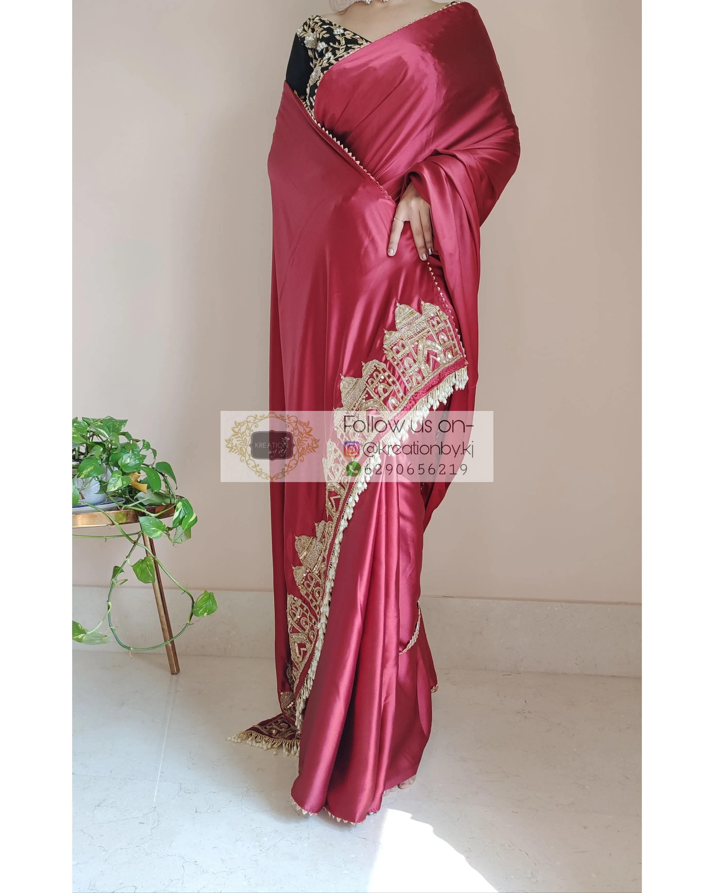 Maroon Satin Silk Taj Mahal Saree