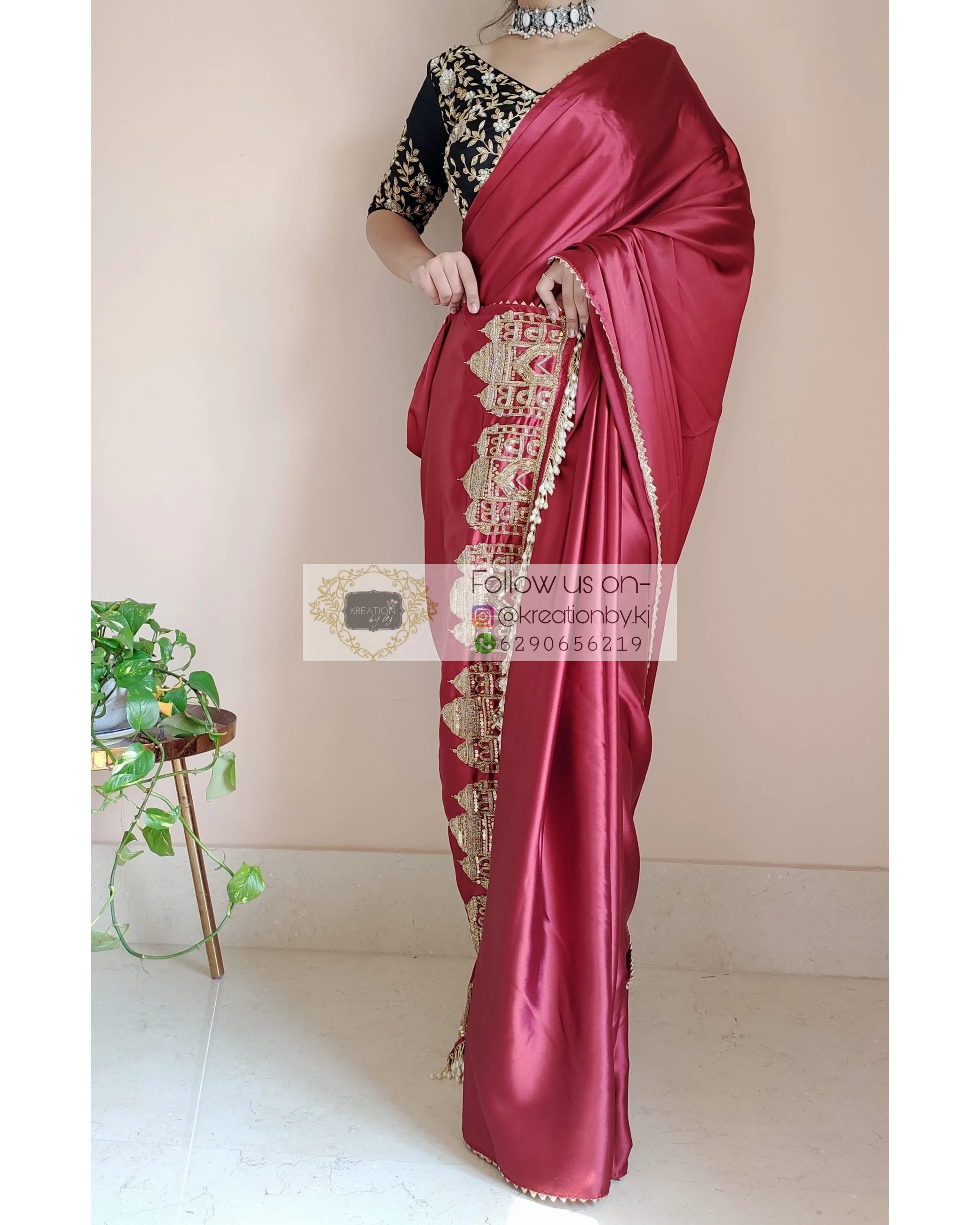 Maroon Satin Silk Taj Mahal Saree