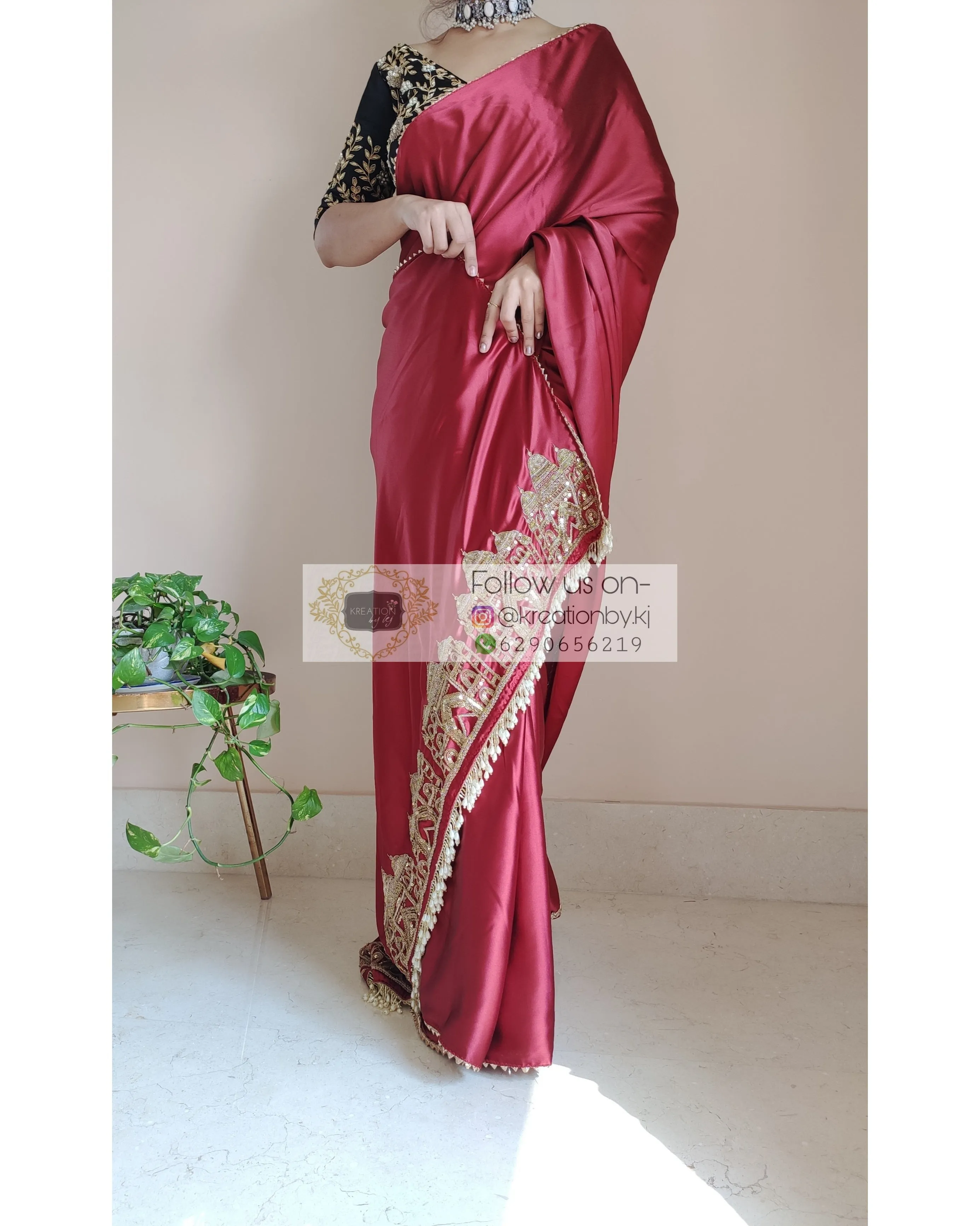 Maroon Satin Silk Taj Mahal Saree