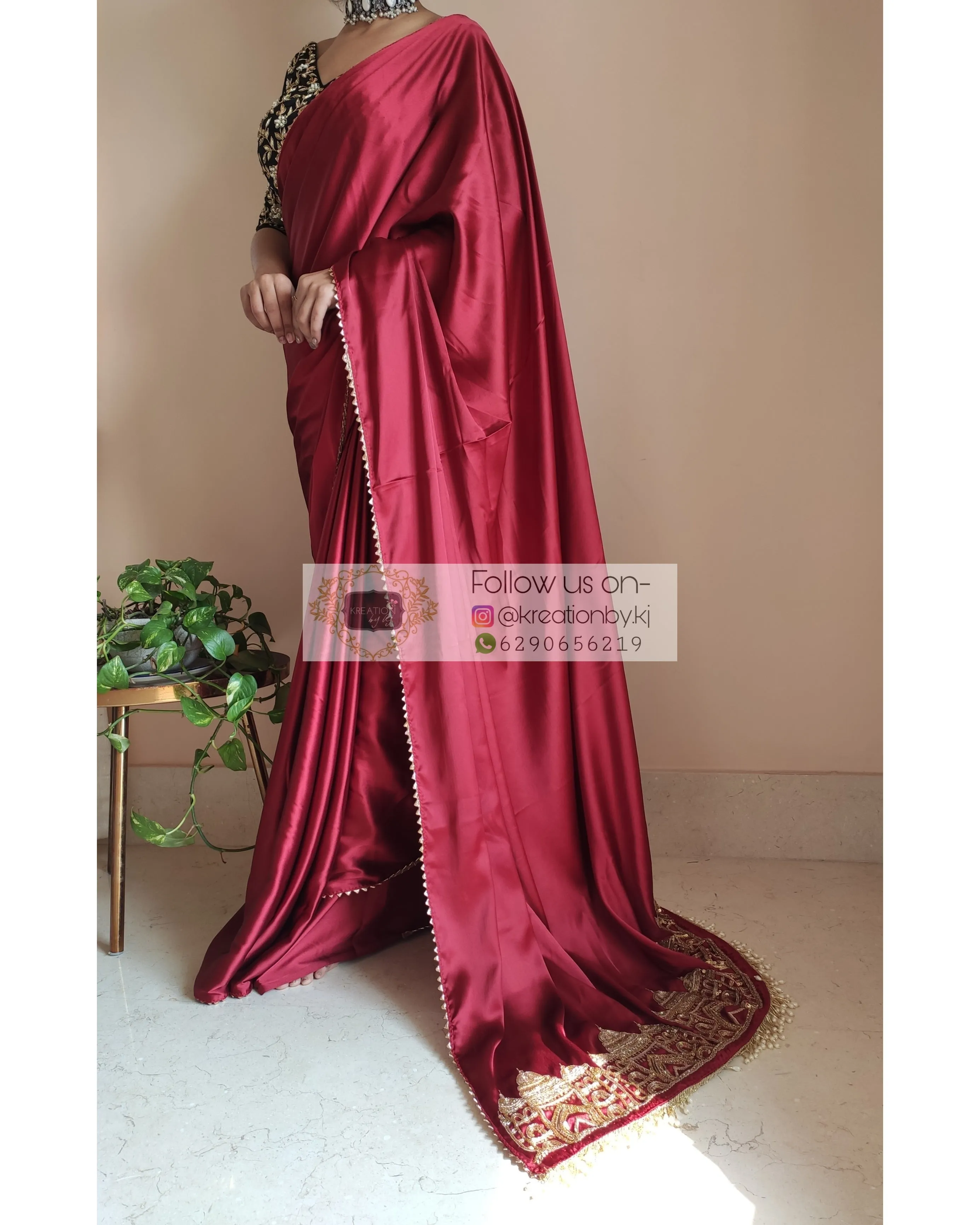 Maroon Satin Silk Taj Mahal Saree