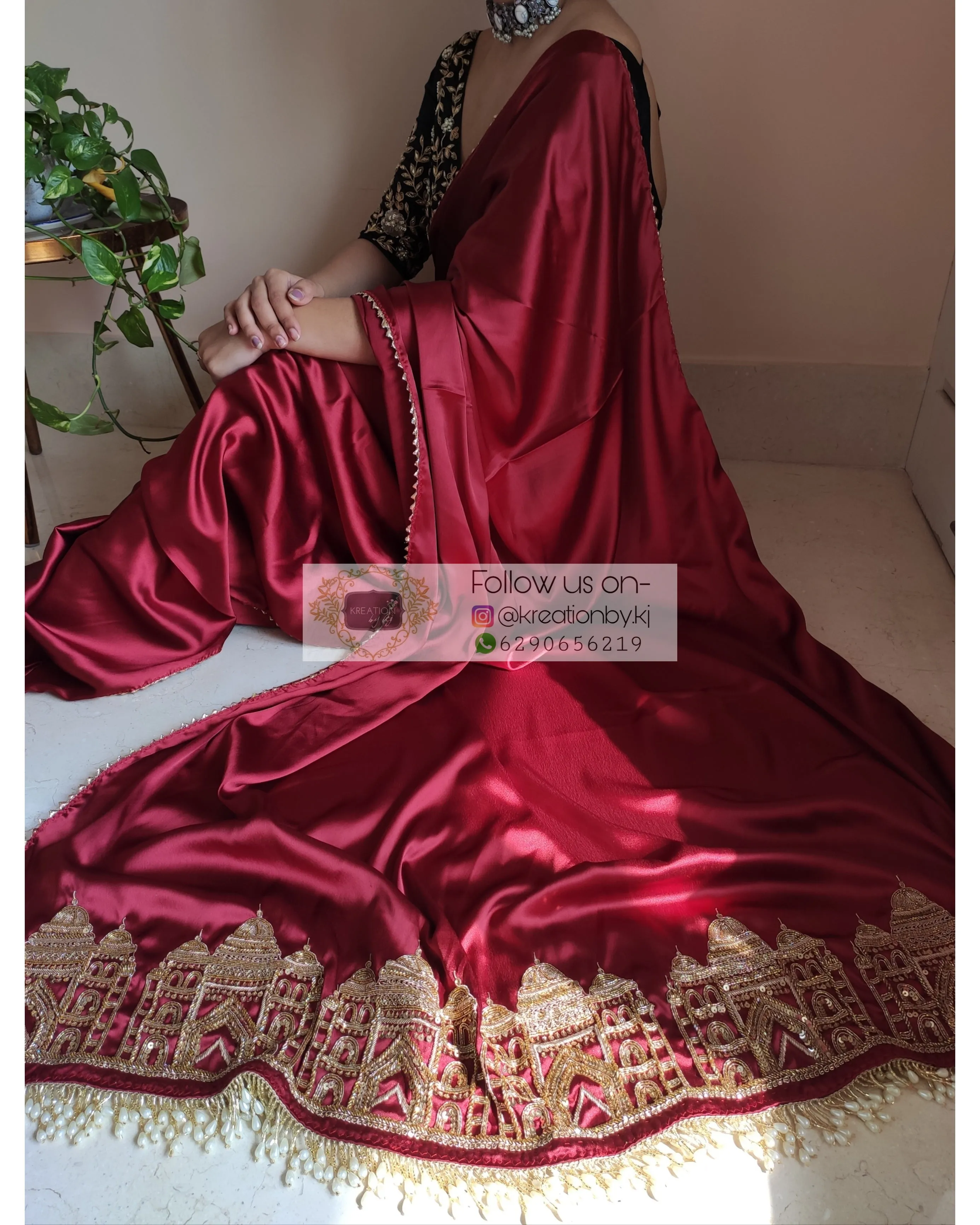 Maroon Satin Silk Taj Mahal Saree