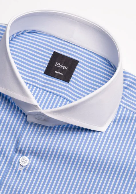 Mid Blue Pencil Stretch Stripes Shirt -White Cut Away Extreme Collar