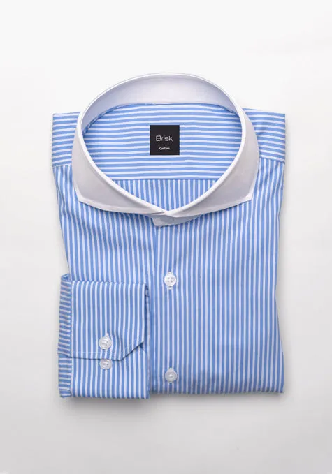 Mid Blue Pencil Stretch Stripes Shirt -White Cut Away Extreme Collar