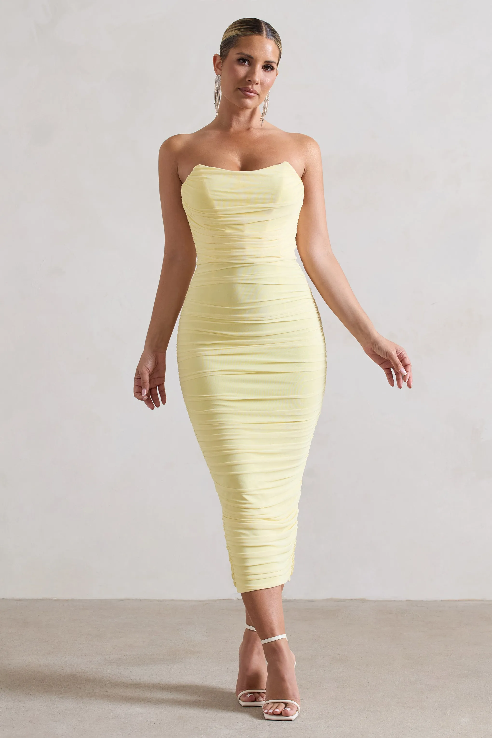 Nylah | Lemon Ruched Corset Bodycon Midi Dress