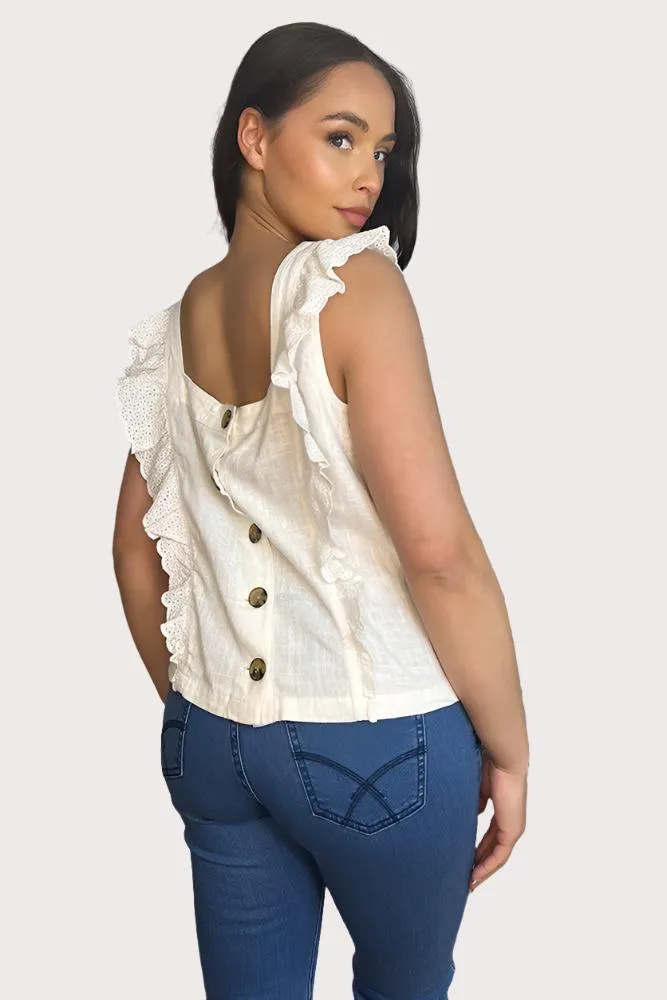 Off White Linen Blend Frilled Summer Top