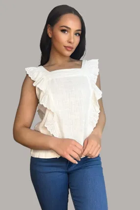 Off White Linen Blend Frilled Summer Top