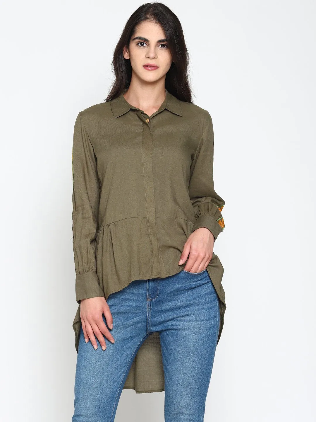 Olive Green High Low Shirt With Emroidered Sleeves