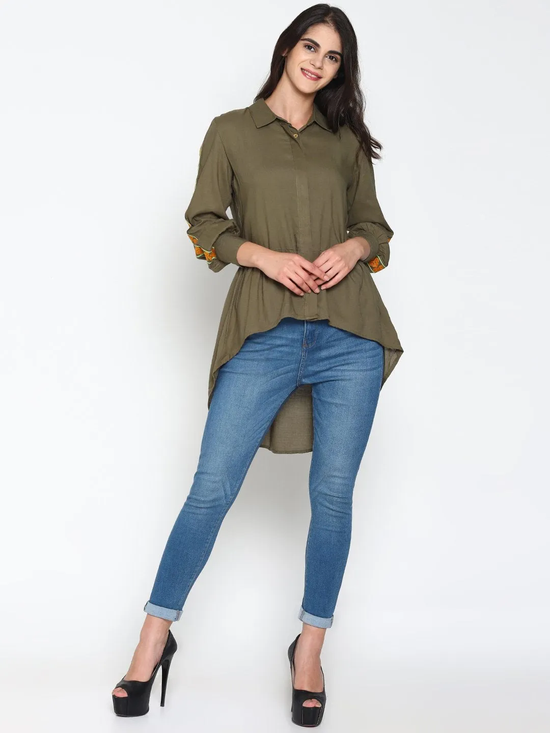 Olive Green High Low Shirt With Emroidered Sleeves