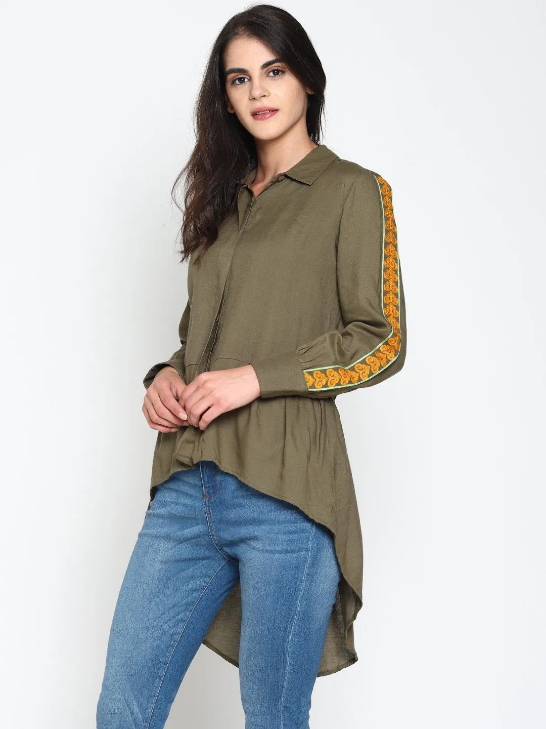 Olive Green High Low Shirt With Emroidered Sleeves