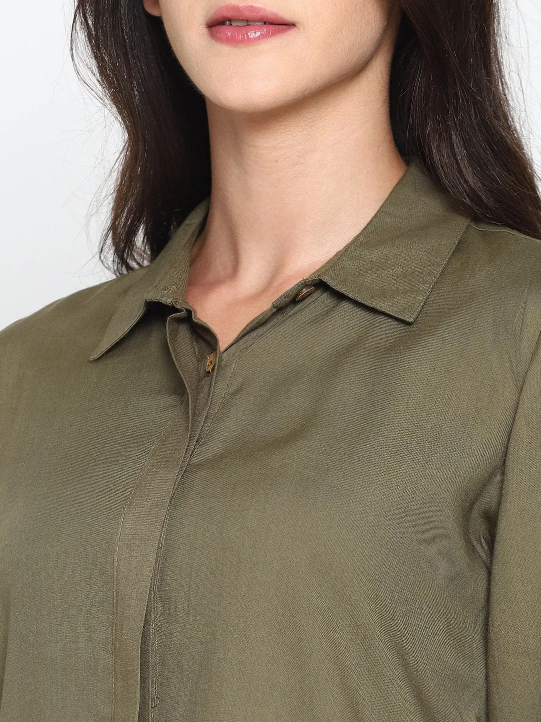 Olive Green High Low Shirt With Emroidered Sleeves