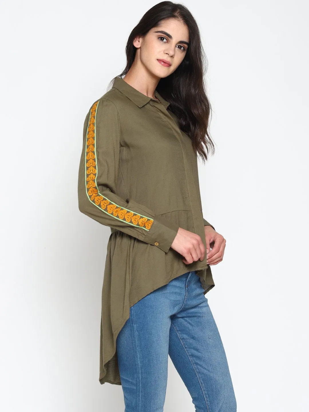 Olive Green High Low Shirt With Emroidered Sleeves