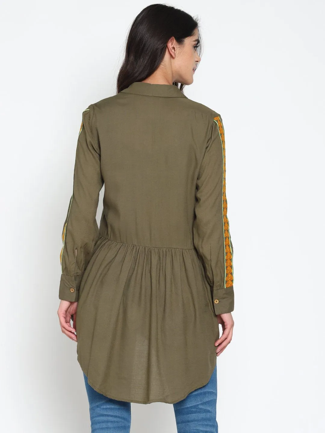 Olive Green High Low Shirt With Emroidered Sleeves