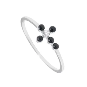 Pearled Cross Diamond Black Ring, White Gold, Size 6.25