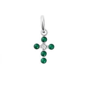 Pearled Cross Diamond Pendant, Emerald, White Gold