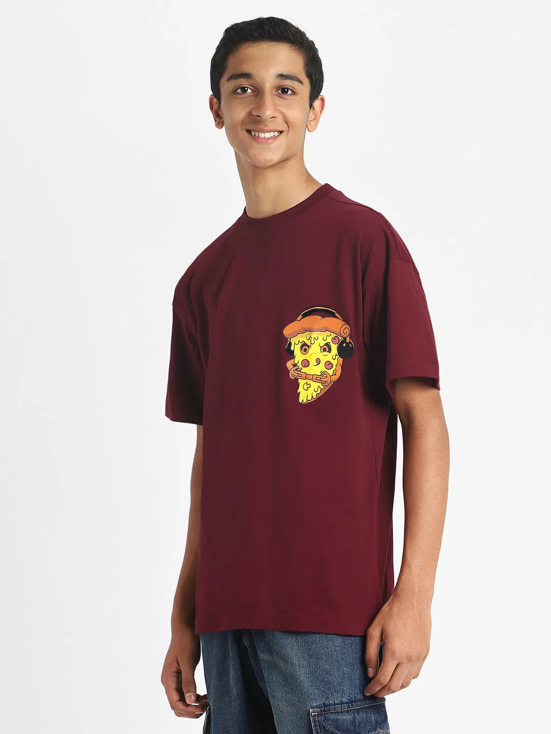 Pizza Maroon Oversized Graphic Pocket Printed Boys T-shirt